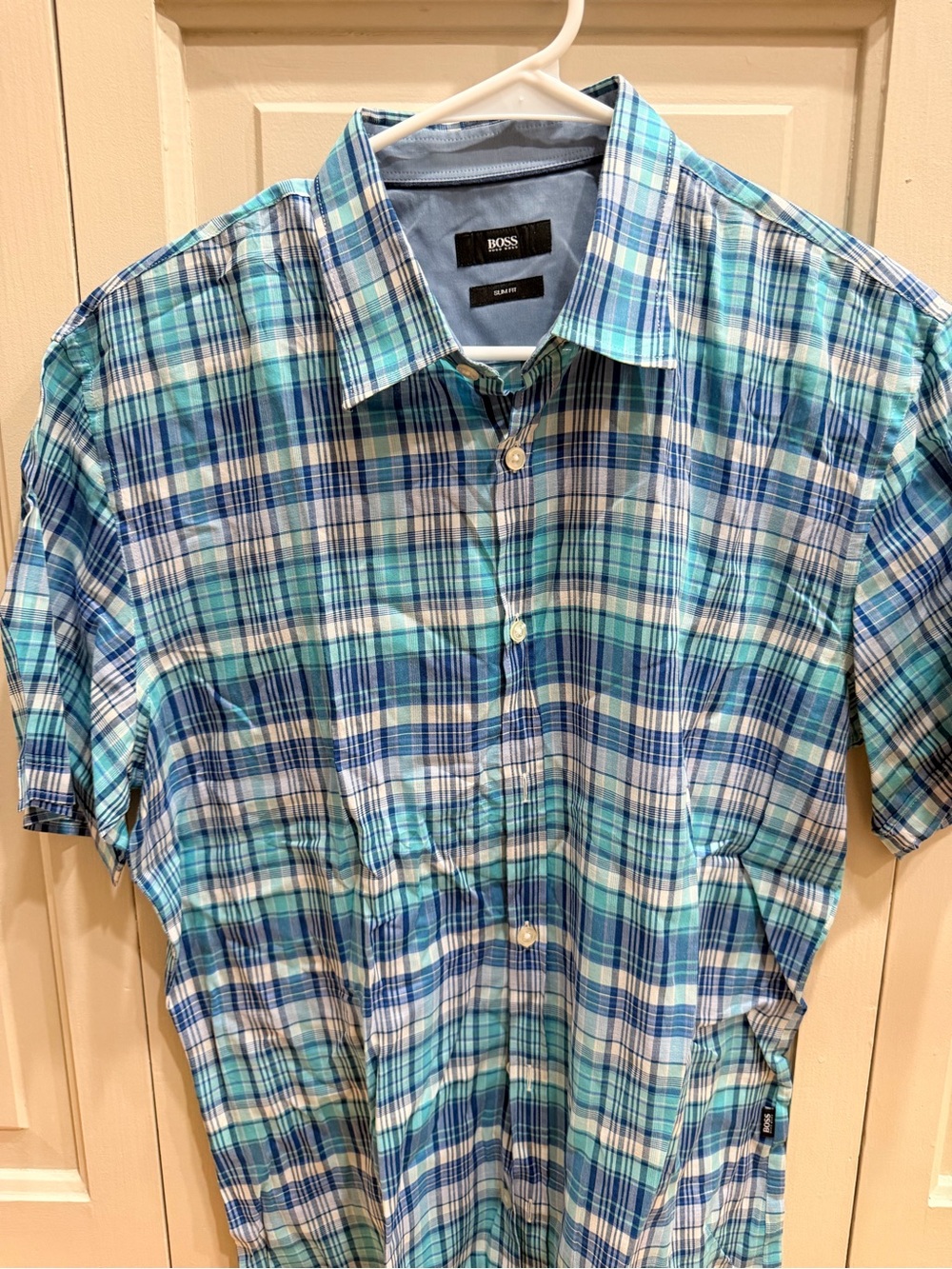 Hugo Boss Short-Sleeve Plaid Button-Down in Blue & Aqua